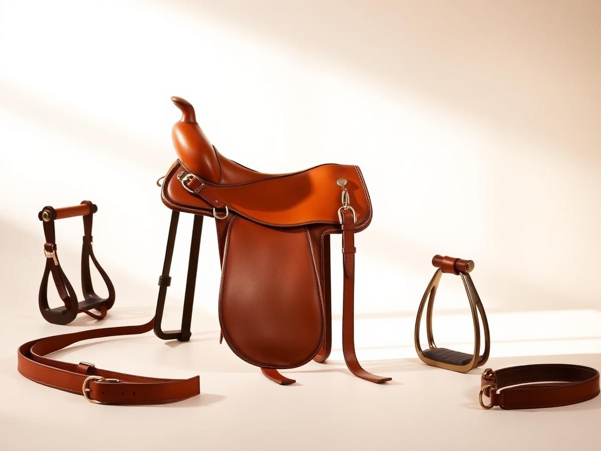 English leather saddle, bridle and stirrups on a warm off-white studio surface