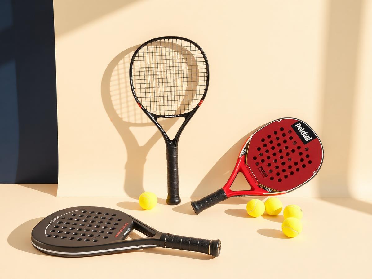 Padel rackets and balls arranged on a pale studio surface